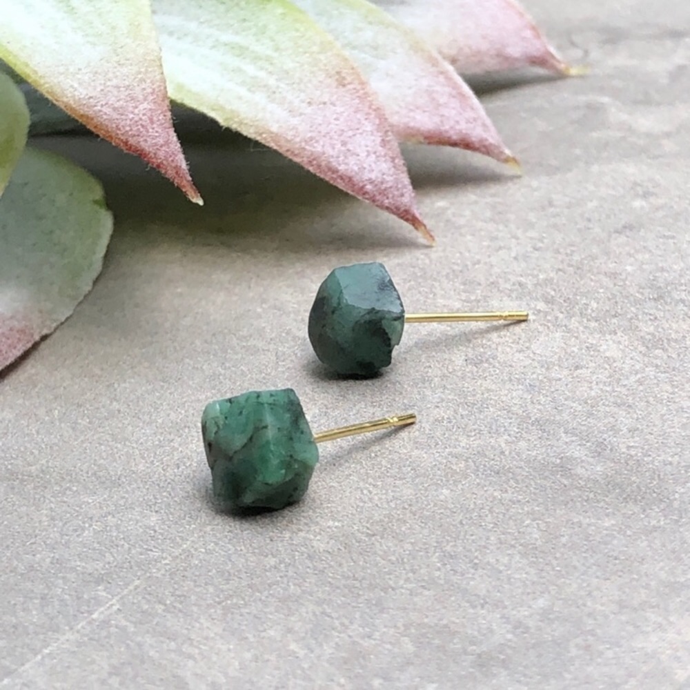 Raw Emerald Gemstone Stud Earrings
